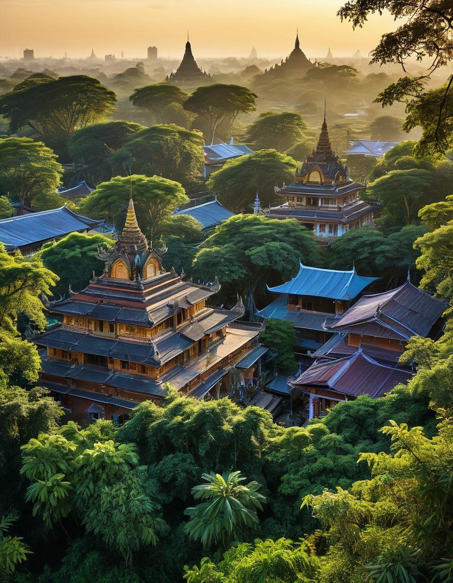 A serene landscape depicting the transition from Mandalay to Yangon, showcasing traditional pagodas and bustling streets filled with vibrant local markets, blended with intimate moments between locals enjoying tea. The sunset casts a warm golden glow over the scene, highlighting the rich culture and atmosphere. Include intricate details of Burmese architecture and lush greenery in the background. super-realistic. vibrant colors. warm tones.