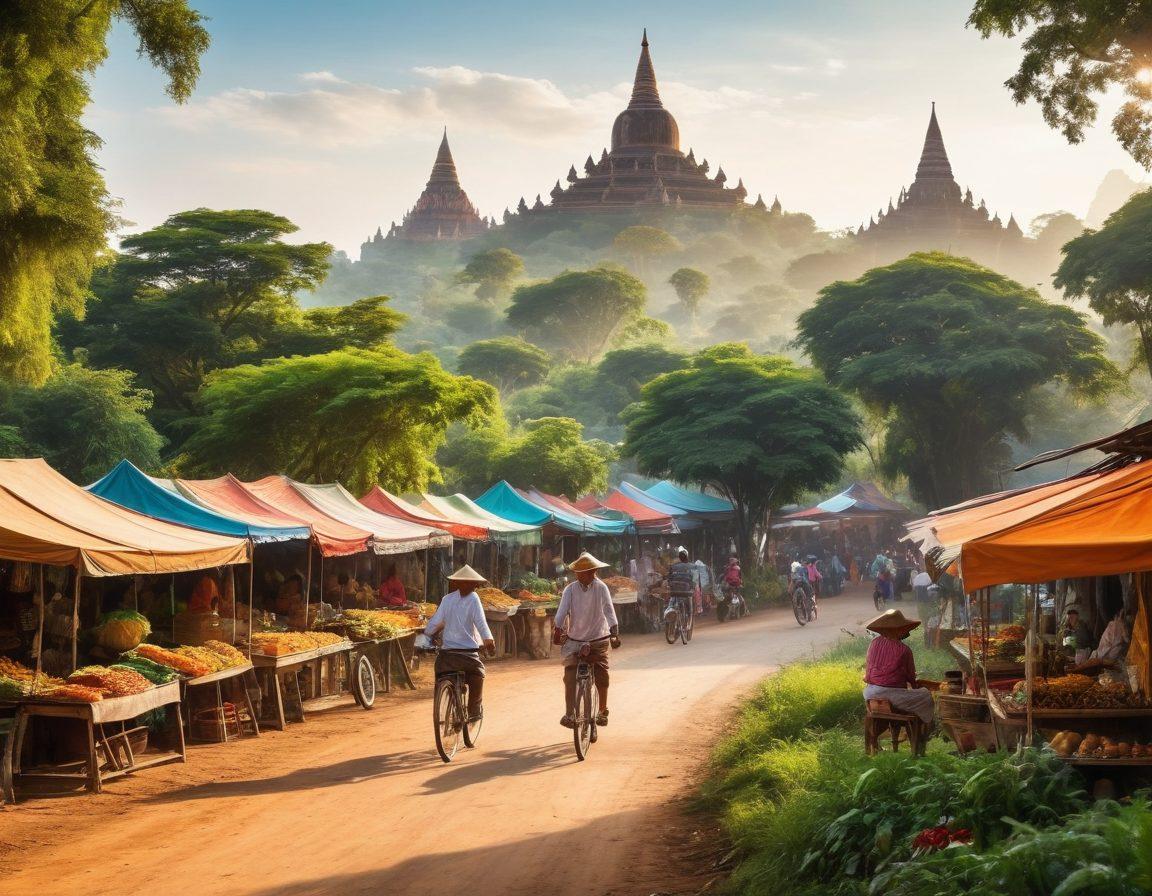 A vibrant landscape of Myanmar showcasing a bustling street market filled with colorful stalls, local cuisine, and smiling people experiencing joy. In the foreground, an adventurer riding a bicycle past ancient pagodas with lush greenery. The scene is infused with a sense of cultural richness and adventure, portraying both excitement and leisure. super-realistic. vibrant colors. 3D.