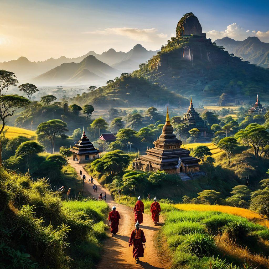 A vibrant landscape showcasing the lush greenery of Myanmar, with traditional pagodas in the foreground and locals engaging in joyful celebrations. The scene is filled with cultural elements such as colorful traditional dresses and local delicacies being shared. In the background, mountains rise under a bright blue sky, reflecting a sense of blissful travel. The overall atmosphere exudes warmth, happiness, and connection. super-realistic. vibrant colors. 3D.